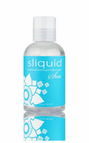 Sliquid Naturals Sea Water Based Lubricant 4.2 oz bottle with blue label and floral design.