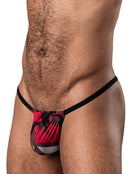 Male model wearing Camouflage Posing Strap Red Stretch G-String by Male Power, showcasing its vibrant red print and comfortable fit.