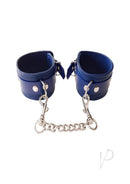 Rouge Plain Leather Adjustable Wrist Cuffs Blue with silver chain and buckle detail.