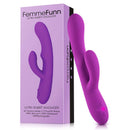 FemmeFunn Ultra Rabbit Dual Stimulation Vibrator Purple in packaging showcasing design and features.