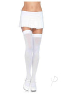 Leg Avenue Nylon Thigh High OS White, stylish thigh-high stockings worn with a white skirt, perfect for lingerie or costumes.