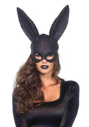 Leg Avenue black glitter masquerade bunny mask with oversized ears worn by a model in a black outfit.