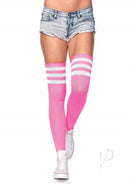 Leg Avenue Athlete Thigh Hi with 3 Stripe Top OS Pink worn with denim shorts and sneakers, showcasing vibrant pink color.