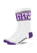 Prowler PWR BTM Socks White Purple showcasing bold design with purple accents and playful branding.