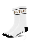 Prowler RED BEAR Socks White Brown showing white socks with black stripes and bold BEAR lettering.
