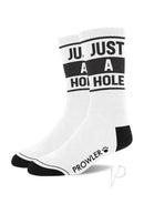 Prowler RED JUST A HOLE Socks White Black showcasing bold phrase on a clean white base with black accents.