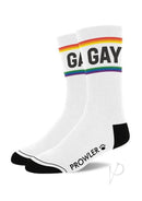 Prowler GAY Socks White Rainbow with rainbow stripes and bold 'GAY' lettering for a stylish pride statement.