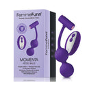 FemmeFunn Momenta Remote Controlled Kegel Balls Purple packaging featuring wireless remote and silicone design.