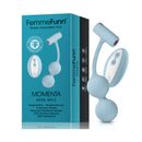 FemmeFunn Momenta Remote Controlled Kegel Balls Light Blue packaging with remote, highlighting dual stimulation features.