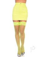 Leg Avenue Spandex Industrial Net Thigh Highs OS Neon Yellow worn with a short denim skirt, showcasing vibrant color and lace top.