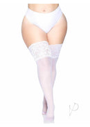 Leg Avenue Lycra Sheer Stay Up Thigh High Plus Size White on model, featuring intricate lace detailing and breathable micro-net material.