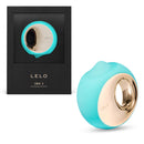 LELO ORA 3 Rechargeable Clitoral Stimulator Aqua in packaging and close-up view, showcasing innovative design and vibrant color.