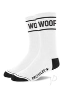 Prowler Red Woof Socks White Black showcasing black and white design with WOOF logo for fun style and comfort.