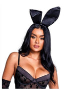 Model wearing Playboy Satin Bunny Ears Black with a stylish lingerie outfit, showcasing playful charm.