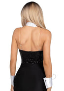 Leg Avenue Tuxedo Kit Bow Tie Collar and Cuffs White Black featuring a black sequined top and white accessories.