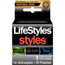 Lifestyles Styles Sensitive 3 Pack Condoms box featuring Ultra Sensitive, Skyn Elite, and Ultra Thin varieties for contraceptive and STI protection