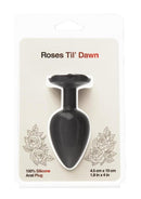 Roses Til Dawn Silicone Anal Plug Large in black packaging with floral design and size details.