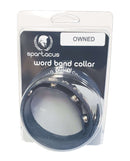 Premium Spartacus SM Collar in packaging with "Owned" label, crafted from oil-tanned leather for BDSM enthusiasts.