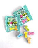 Two packs of Suck a Bag of Sour Dicks, featuring colorful, penis-shaped candies on a white background.