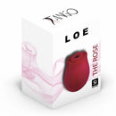 Loe The Rose Premium Suction Clitoral Stimulator in red packaging, highlighting its elegant design and functionality.