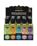 Kama Sutra Aromatic Massage Oils display with 15 essential oil bottles, ideal for relaxation and skin nourishment.