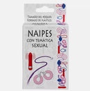 Spanish sex-themed playing cards deck packaging with adult items illustrations, designed for fun and cheeky game nights.