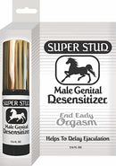Super Stud Male Genital Desensitizer Spray packaging with a black and gold design to help delay ejaculation.