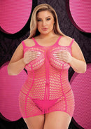 Plus-size model wearing hot pink shredded mini dress by Lapdance Lingerie, showcasing edgy and elegant design against a stylish background.