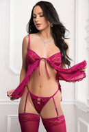 Woman wearing 3PC Tie Front Babydoll Set with Garter, Thong, and Stockings in Raspberry.