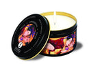 Shunga Erotic Art Aphrodisia Rose Massage Candle with sensual artwork and open lid.