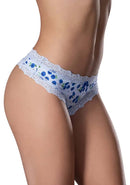 Blueberry print crotchless thong with delicate lace trim in size L/XL, made from silky microfiber for luxurious feel.