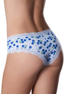 Woman wearing Sweet Treats Crotchless Boy Short in Blueberry print with lace trim, L/XL size, showcasing back view.