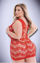Plus size model in a red lace mini dress with cutout design, showcasing the back view with wavy fishnet pattern.
