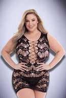 Black corset front lace mini dress with sheer fishnet details and lace-up design, model wearing plus size.
