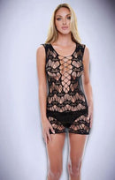 Black lace mini dress with front cutout design, featuring intricate fishnetting and sheer fabric, showcasing elegant and seductive style.