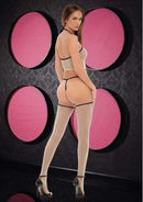 Grey Lapdance Lingerie 3-Piece Crop Top, G-String, and Thigh-High Stocking Set with black lining on model in stylish room.