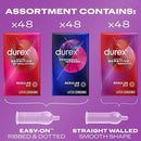Assortment of Durex Variety Latex Condoms Pack 144 Count with different types including Sensitive Stimulating, Performax Intense, and Sensitive Smooth