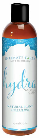 Intimate Earth Hydra Organic Water Based Glide Lubricant 8 oz with natural plant cellulose, moisturizing aloe for intimate pleasure.