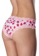 Woman wearing Sweet Treats Crotchless Boy Short with strawberry design and lace trim, size 2XL.
