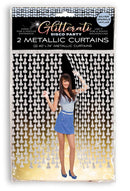 Glitterati Disco Penis Foil Curtain Set in silver metallic, ideal backdrop for bachelorette parties, featuring a woman posing with the curtains.