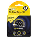 MyOne Classic Sampler Latex Condoms 3 Count box with FitKit measuring tool for perfect fit.