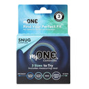 My One Snug Samples Latex Condoms 3 Count packaging, featuring a variety of sizes for a perfect fit and ultimate comfort.