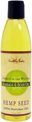 Earthly Body Naked In The Woods Massage Oil 8 oz, made with hemp seed and natural oils for deep conditioning and glide.