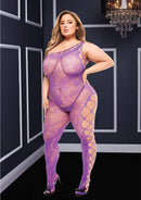 Purple off-the-shoulder bodystocking with intricate mesh and floral lace design, showcasing unique and sexy fashion style.
