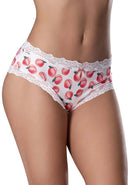 Sweet Treats Boy Short with Edible Lube in Peach, 2XL, features playful fruit prints and delicate lace trim for a comfortable and alluring fit.