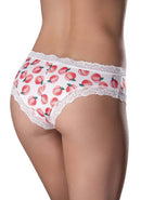 Sweet Treats Boy Short with peach print and lace trim, made from silky microfiber, size S/M, shown from the back.