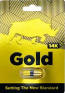 Rhino 14K Gold Herbal Supplement Capsule packaging, featuring a gold design and a single capsule for stamina and vitality.
