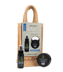 CBD Daily Ultimate Strength Sandalwood Holiday Gift Set with Active Spray and Intensive Cream in jute tote bag.