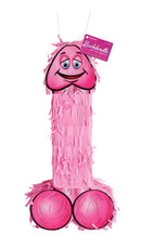 Pink penis-shaped pinata for bachelorette party with smiling cartoon face, tagged "Bachelorette Party Favors Pecker Pinata"
