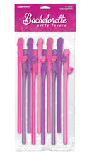 Bachelorette party favors with 10 pink and purple dicky sipping straws for a fun celebration.